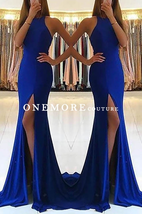Royal Blue Mermaid Jersey Prom Dress with Jewel Neck