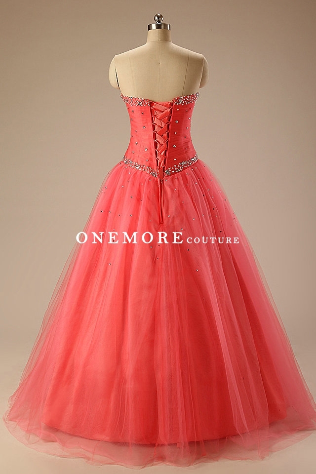 Coral Pink Ball Gown Tulle Dresses with Beading