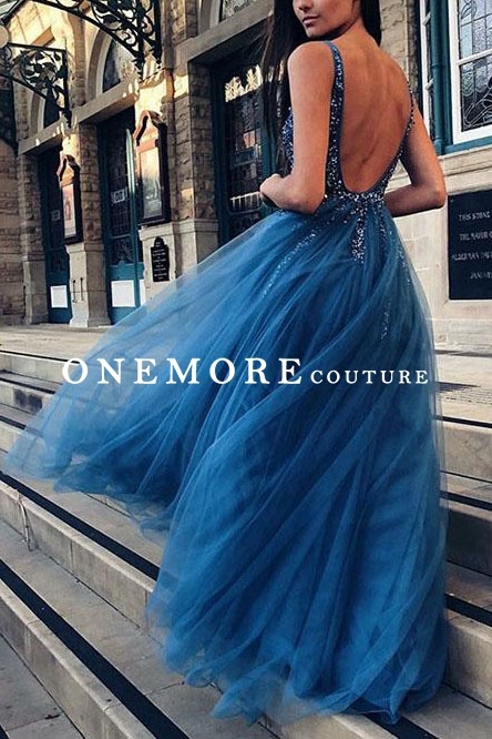 Beaded Royal Blue Long Prom Dress with Illusion Top