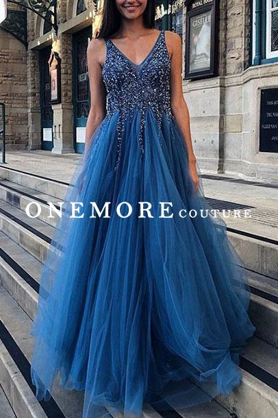 Beaded Royal Blue Long Prom Dress with Illusion Top