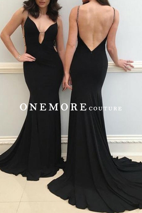 Sexy Black Long Mermaid Low V Open Back Prom Dress