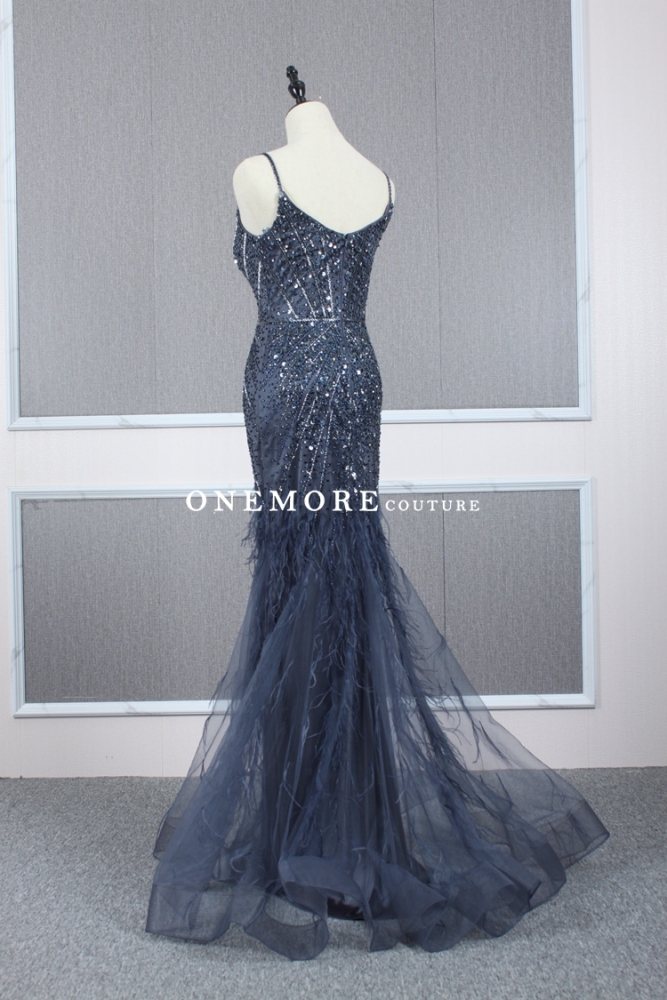 Heavily Beaded Navy Mermaid Evening Dress with Cape