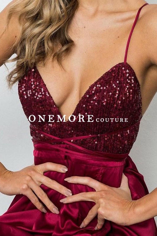 Dark Red Sexy Backless Prom Dress with Sequin Top