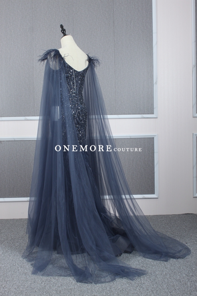 Heavily Beaded Navy Mermaid Evening Dress with Cape
