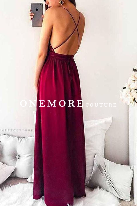 Dark Red Sexy Backless Prom Dress with Sequin Top