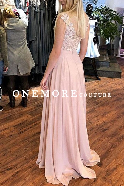 Dusty Pink Chiffon Prom Dress with Lace Bodice