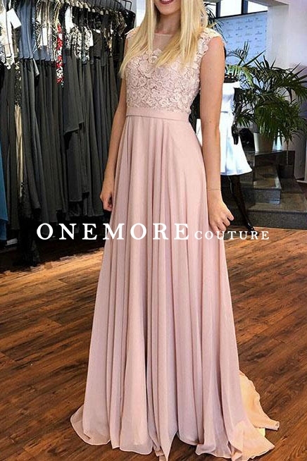 Dusty Pink Chiffon Prom Dress with Lace Bodice
