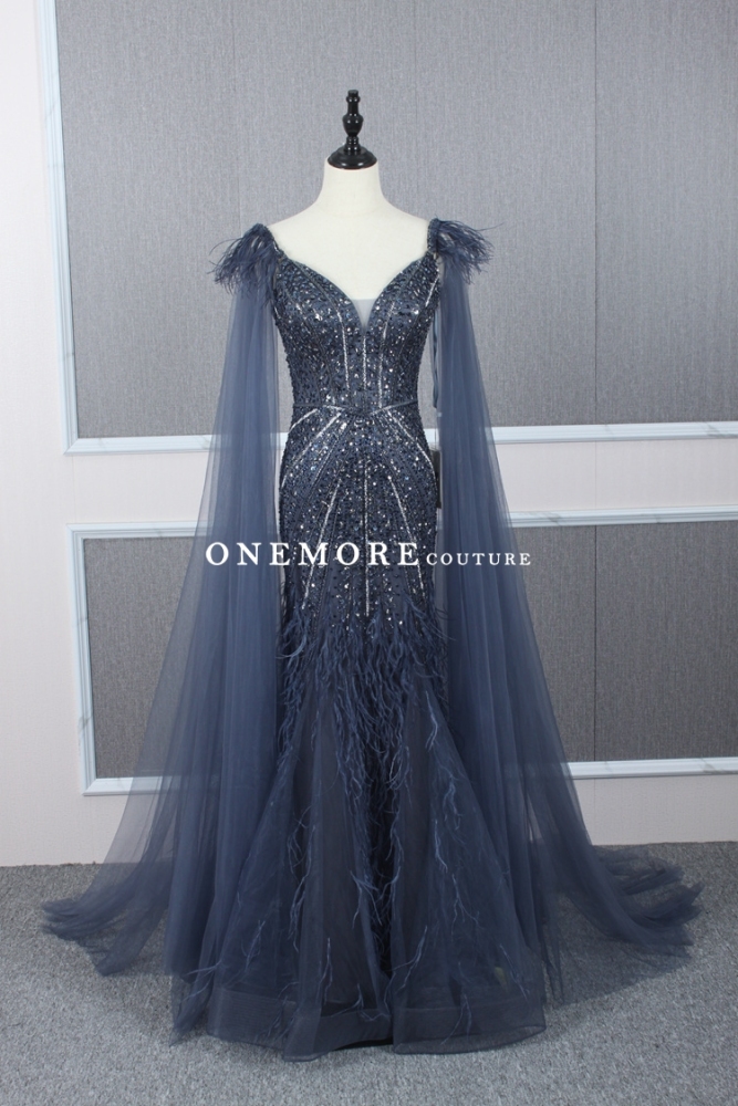 Heavily Beaded Navy Mermaid Evening Dress with Cape