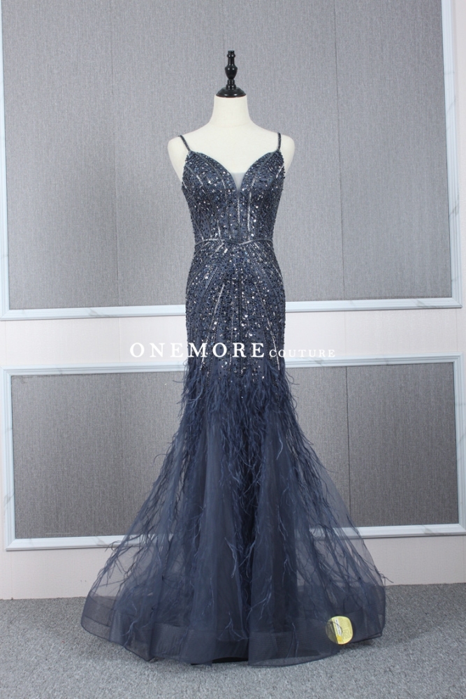 Heavily Beaded Navy Mermaid Evening Dress with Cape