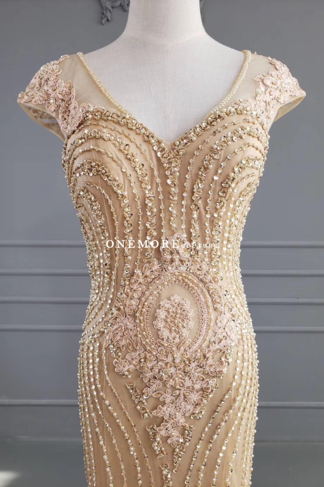 Beaded Champagne Mermaid Lace Dress with Cap Sleeves
