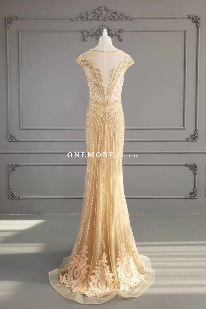 Beaded Champagne Mermaid Lace Dress with Cap Sleeves