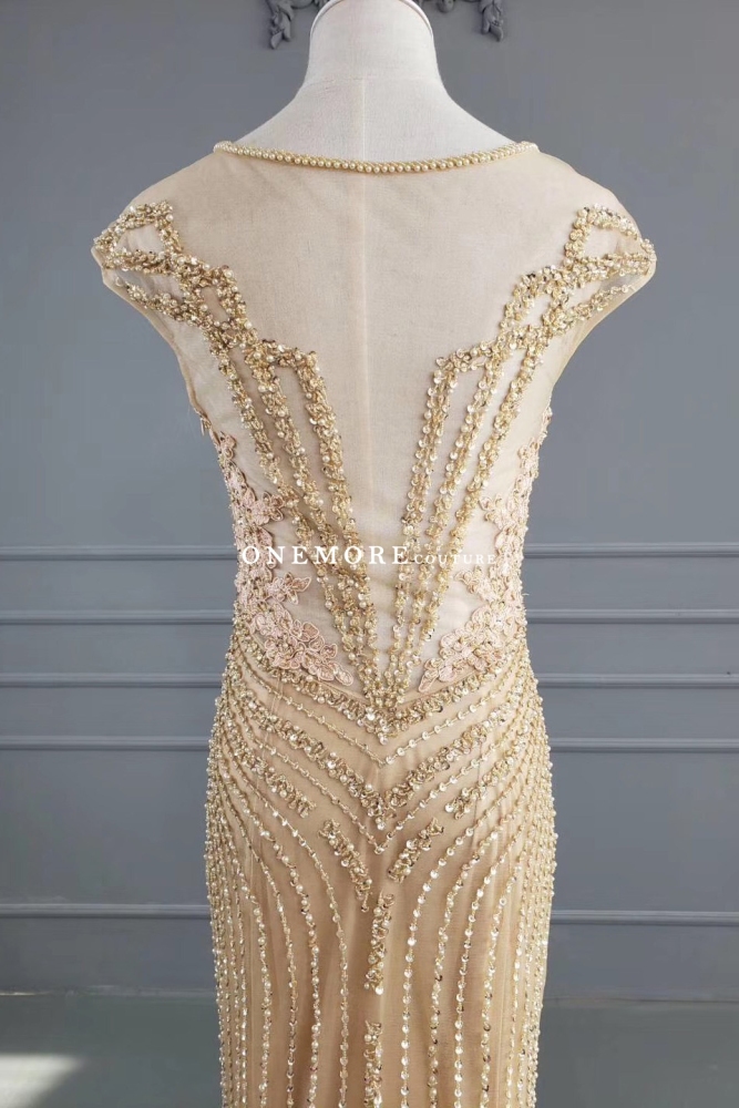 Beaded Champagne Mermaid Lace Dress with Cap Sleeves