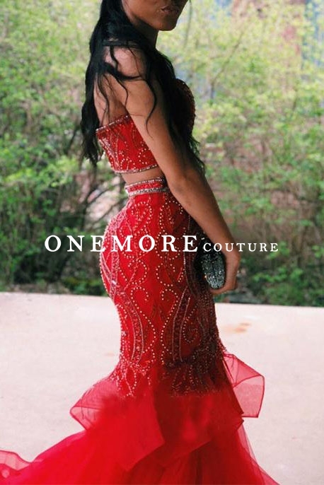 Two Piece Style Red Beaded Mermaid Organza Prom Dresses