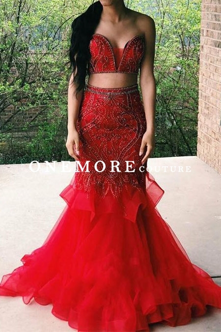 Two Piece Style Red Beaded Mermaid Organza Prom Dresses