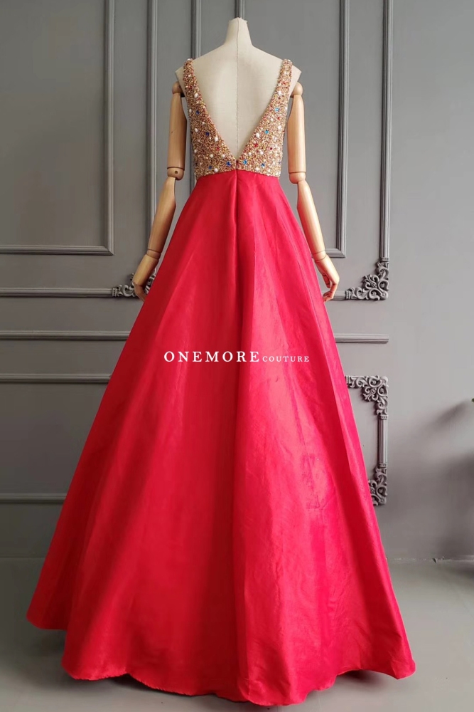 Sexy Low V Back Red Taffeta Dress with Beaded Top