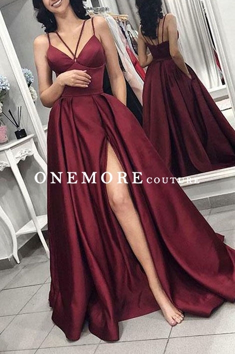Sexy Sleeveless Burgundy Satin Prom Dress with Slit
