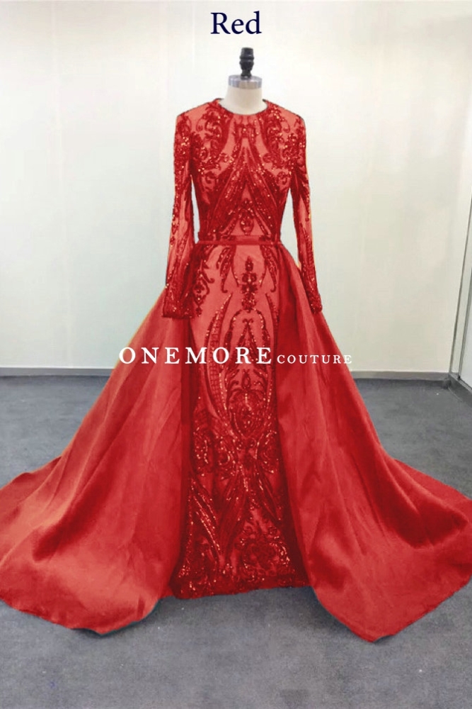 Emerald Green Long Sleeves Sequin Dresses with Overskirt