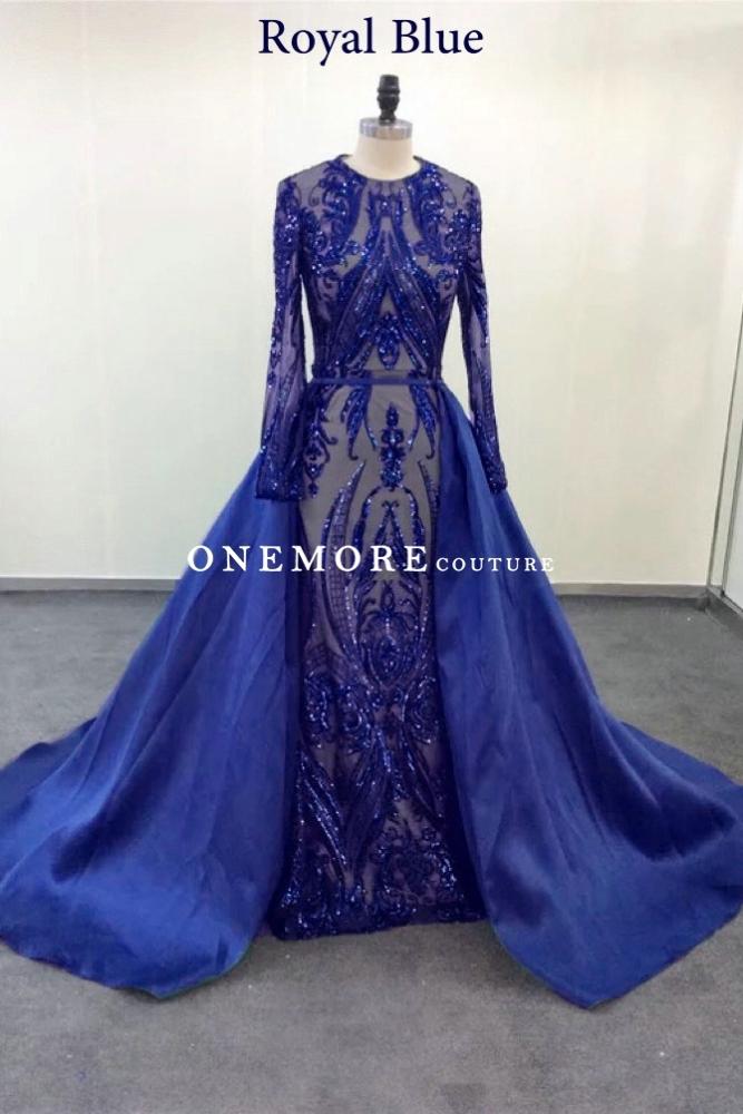 Emerald Green Long Sleeves Sequin Dresses with Overskirt