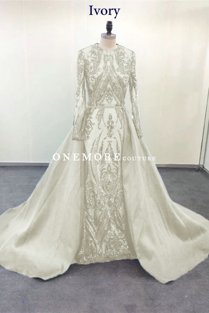 Emerald Green Long Sleeves Sequin Dresses with Overskirt