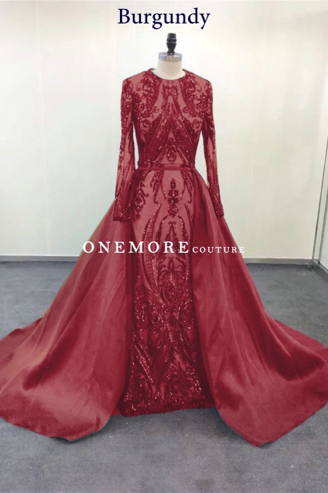 Emerald Green Long Sleeves Sequin Dresses with Overskirt