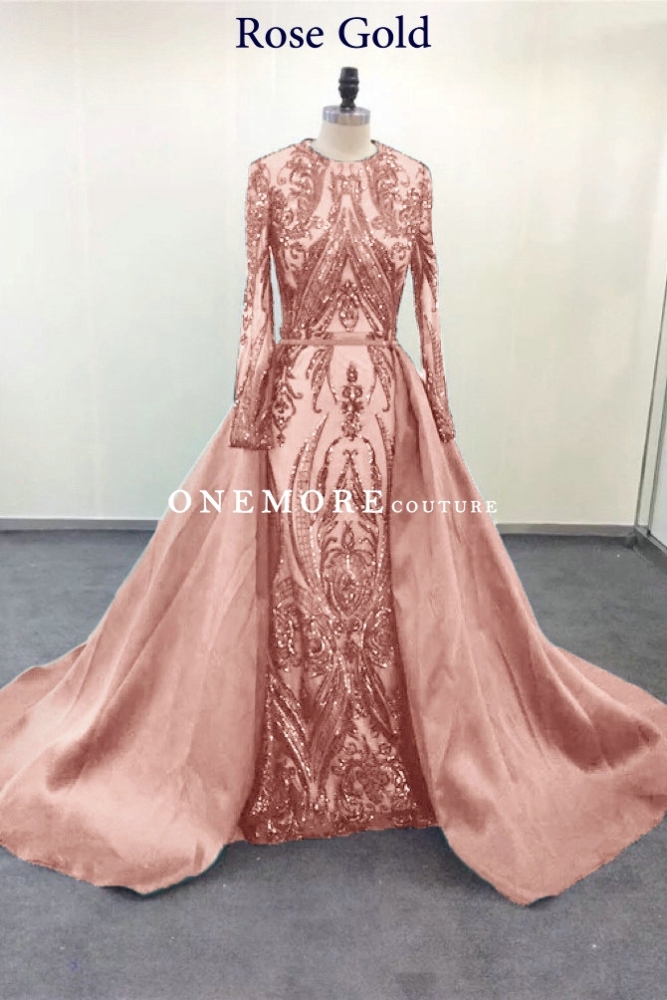 Emerald Green Long Sleeves Sequin Dresses with Overskirt