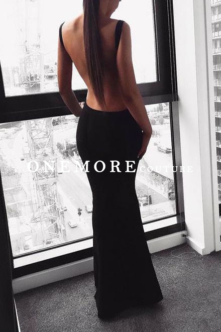 Sexy Backless Black Crepe Jersey Prom Dresses