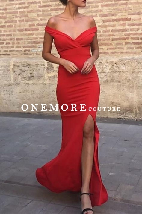 Form Fitted Red Off Shoulder Mermaid Prom Dress