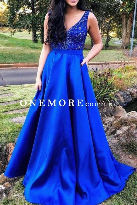 Royal Blue Mikado Dress with Beaded V Neck Top