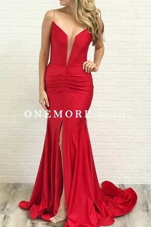 Long Mermaid Red Prom Dress with Sexy Plunge Neckline
