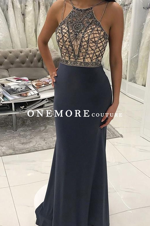 Charcoal Grey Mermaid Prom Dress with Beaded Top
