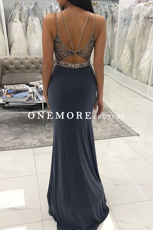 Charcoal Grey Mermaid Prom Dress with Beaded Top