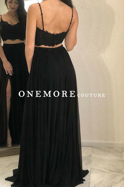 Black Two Pieces Chiffon Prom Dress with Lace Top