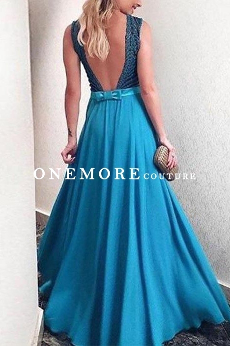 Sexy Teal Blue Prom Dress with Beaded Bodice