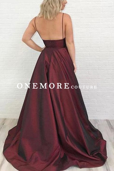 Long Sexy Burgundy Satin Prom Dress with Pockets