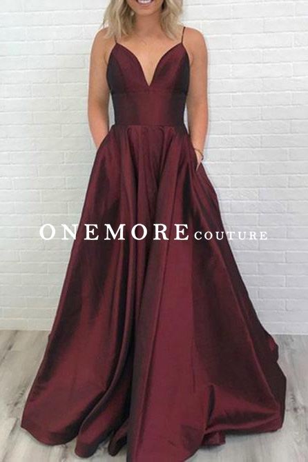 Long Sexy Burgundy Satin Prom Dress with Pockets