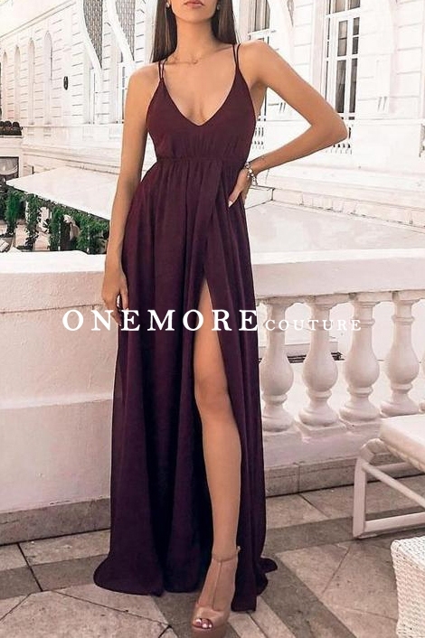 Sexy A Line Purple Chiffon Prom Dress with Slit