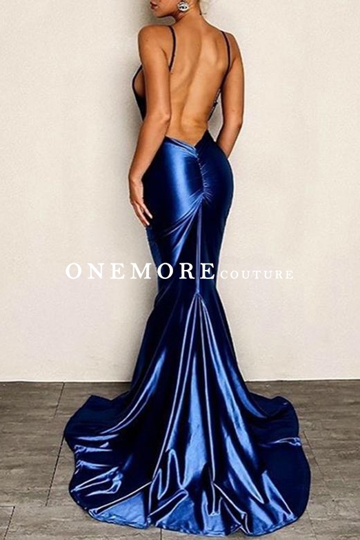 Sexy Low Back Royal Blue Mermaid Satin Prom Dress