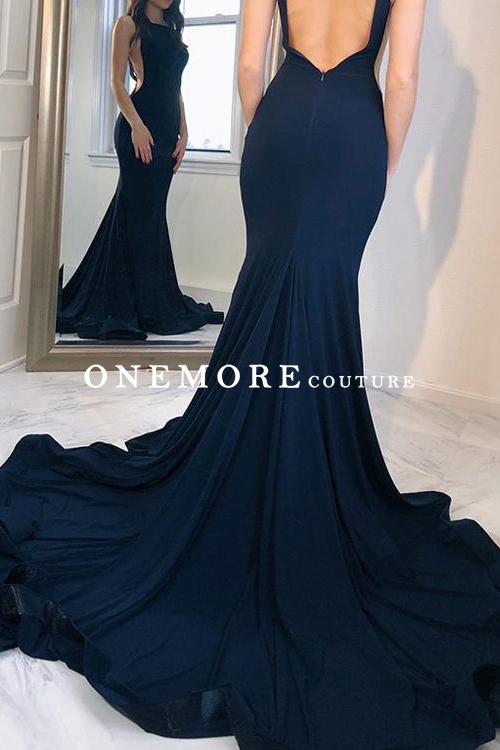 Long Low Back Navy Blue Mermaid Prom Dress