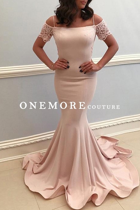 Blush Color Mermaid Prom Dress with Short Lace Sleeves