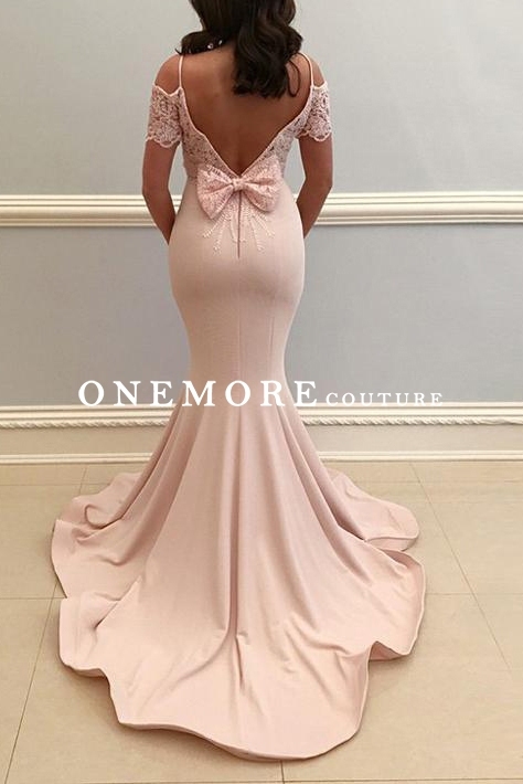 Blush Color Mermaid Prom Dress with Short Lace Sleeves