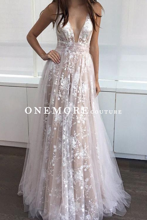 Long Sexy Low V Neck Champagne A Line Lace Dress