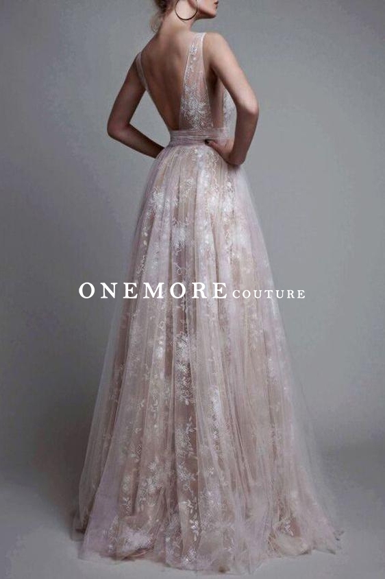 Long Sexy Low V Neck Champagne A Line Lace Dress