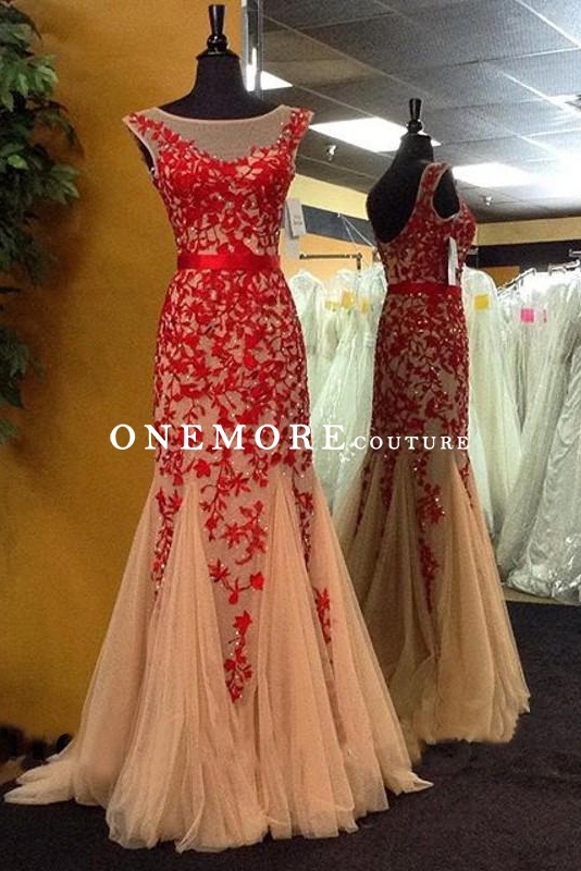 Red Lace over Champagne Tulle Mermaid Gown
