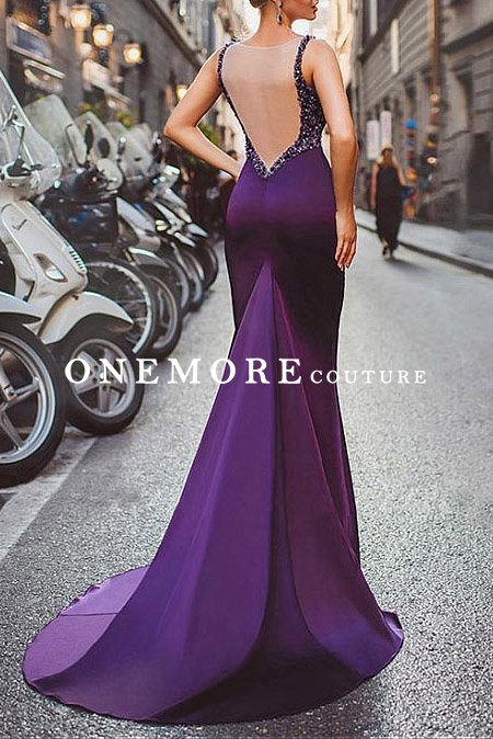 Purple Mermaid Satin Dress with Beaded Sheer Back