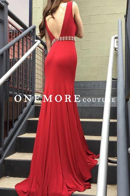 Sexy Simple Red Long Mermaid Dress with Beaded Belt