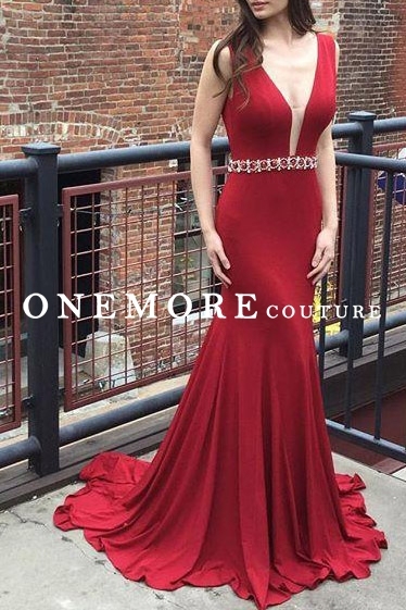 Sexy Simple Red Long Mermaid Dress with Beaded Belt