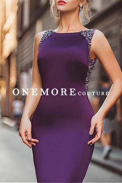 Purple Mermaid Satin Dress with Beaded Sheer Back