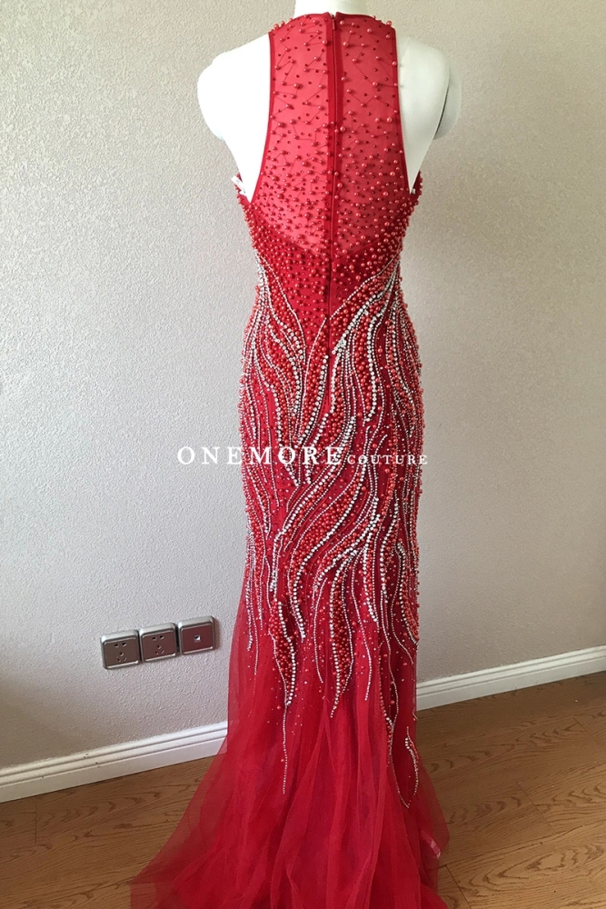 Fully Beaded Red Mermaid Dress with Illusion Neck