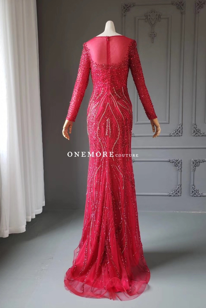 Fully Beaded Red Mermaid Long Sleeves Prom Dress