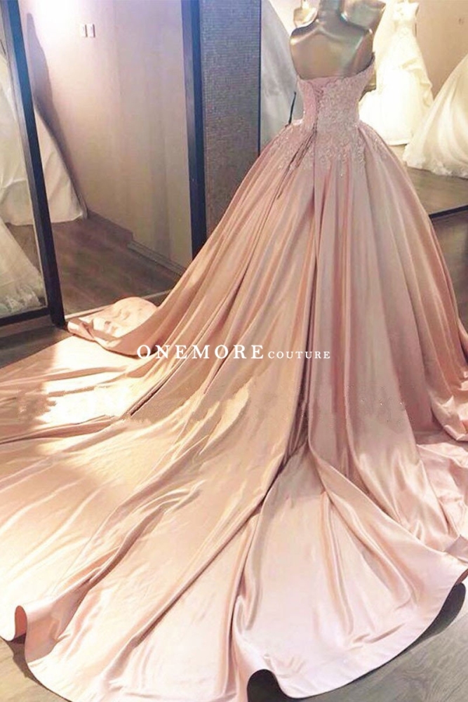 Dusty Pink Satin Ball Gown with Lace and Long Train